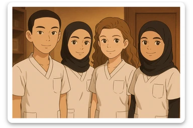Four nursing students side by side in a warm indoor environment, wearing white short-sleeved uniforms with V-neck collars and left chest pockets. No undershirts or stethoscopes. Variations in ambiance and composition, Ghibli style. sticker
