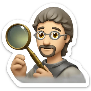 medieval coin collector, looking at a coin with a magnifying lense sticker