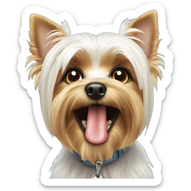 White Yorkie, begging for a treat while having a treat in its mouth sticker