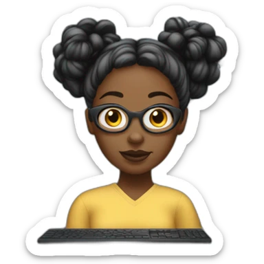 A black woman with space buns behind a computer screen, working in the field of technology sticker