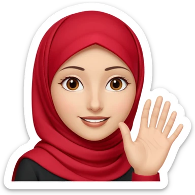 The character gently waves her hand in a slow friendly motion, warm welcoming smile, soft sparkle animation around her, red hijab accents flowing slightly, calm and kind expression, text below in rounded 3D font: “Assalamu alaykum”
🎞 Animation idea: hand wave + eye blink sticker