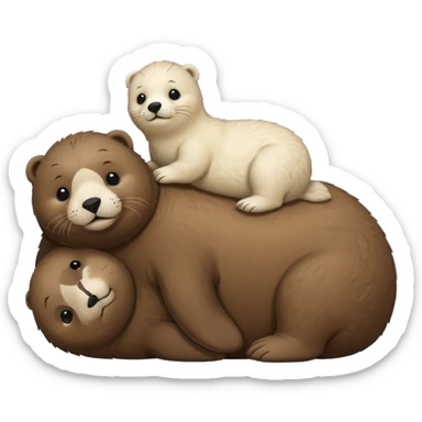 tiny white seal laying on a big brown bear’s belly sticker