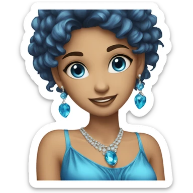 girl with earrings and jewelry, Eroupean, waters, blue dress happy blue eyes, sticker
