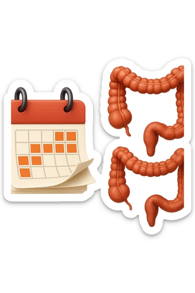 emoji stile iphone di un calendario con fogli che volano insieme a pezzi anatomici di colon umano, iperrealistico 4k, isolato su sfondo bianco sticker