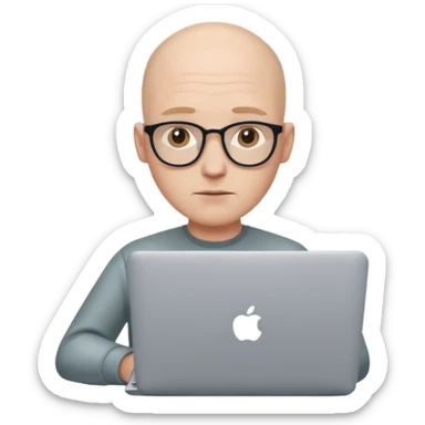 bald young programmer with MacBook without wrinkle on head sticker
