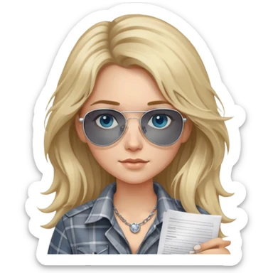 girl with long blond messy hair wearing grey plaid shirt with blue eyes and aviator sunglasses wearing a ring on her silver necklace, holding lawyer papers sticker
