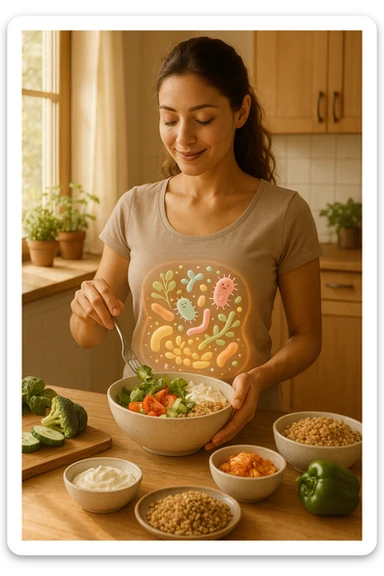 A realistic, warm-toned image of a young woman in a bright, cozy kitchen preparing a healthy meal rich in fiber and probiotics. She smiles softly, focused and calm, as she adds fresh vegetables, fermented foods like yogurt or kimchi, and whole grains to a bowl. Around her abdomen, a subtle, glowing overlay of balanced gut flora—colorful, friendly bacteria and microbes—swirls gently, symbolizing intestinal health and harmony. The setting is natural and inviting, with sunlight streaming through the window, potted herbs on the counter, and clean wooden surfaces. The overall mood conveys wellness, self-care, and the positive journey toward gut balance sticker
