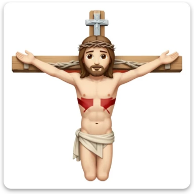 Serene emoji-style icon of Jesus crucified, arms outstretched, nailed to a plain cross, peaceful and compassionate expression, soft color palette, minimal details, body in proportion, sacred and humble, not cartoonish sticker