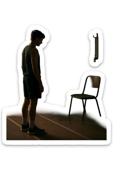 cinematic a person stands alone on a running track or in a fitness studio, glancing toward an empty coach’s chair or whistle hanging on a hook. The absence of the coach is emphasized by a faint, transparent silhouette or shadow where the coach should be. The atmosphere is quiet and a bit disheartened. sticker