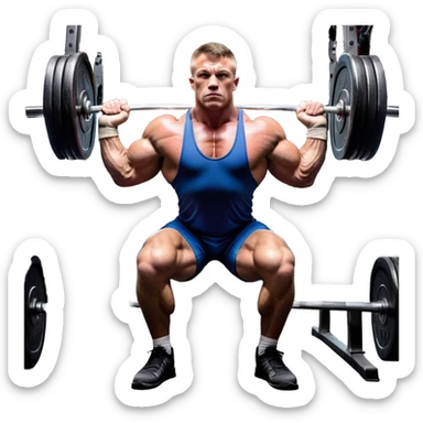 Powerlifter lifting a heavy barbell in a dramatic display of strength, muscles flexing under the pressure. The focus is on the lifter's intense effort and the heavy weights on each side. The background features a gym with weights and equipment, emphasizing the raw power of the sport.  sticker