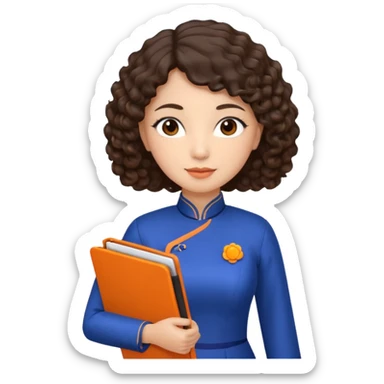 Teacher emoji but : curly/wavy dark brown hair, light skin, no glasses, dark eyes, with a computer folder in the hand (color is orange), being a teacher, wearing a chinese qipao ( dark blue)

 sticker