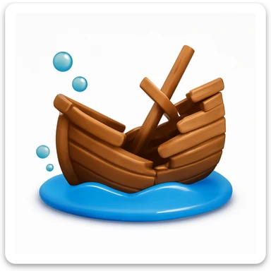3D iPhone style emoji of a sunken ship, partly underwater, tilted and broken wooden structure, subtle bubbles around, isolated on white background, soft shadows, high detail, playful and cute. sticker