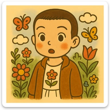 Variation of Eleven from Stranger Things, from the waist up, surprised expression, inspired by coloring drawings of Bobbie Goods and Cuzy, in Ghibli style, square format 1:1. sticker
