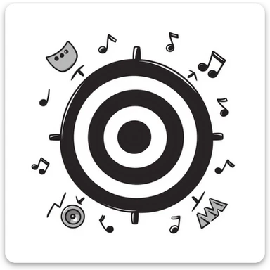 symmetrical target with musical marketing elements such as musical notes, speakers, growth charts, doodle style, square emoji format, suitable for online course cover sticker