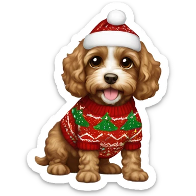 Brown Cavapoo puppy  wearing Christmas sweater sticker
