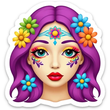 psychedelic colored lips with hippie style flowers sticker