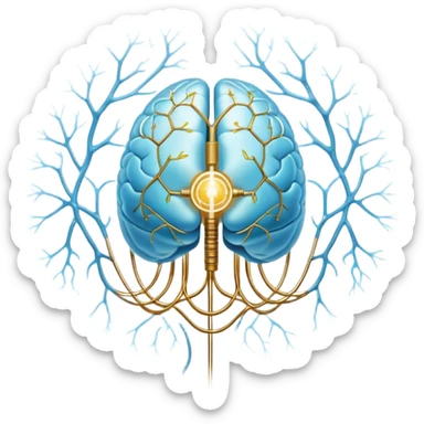 Pearlescent and light blue floating capsule suspended in front of an ethereal brain illuminated by golden electrical pulses branching into a neural network pattern, awakening lucidity. A soft light also surrounds a small liver symbol, all rotating in an aura of focus and internal connection sticker