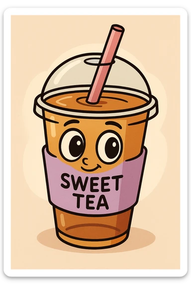 sweet tea cup with a lavender colored sleeve and a pink straw, cartoon style, big eyes sticker