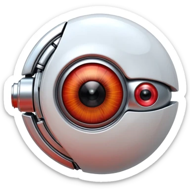 3D render of Robotic Eye, futuristic cyborg aesthetic, fusion of organic skin and chrome metal, white eyeball with a glowing red camera lens iris, exposed wiring, Apple emoji style, isolated on white background --v 6.0. sticker