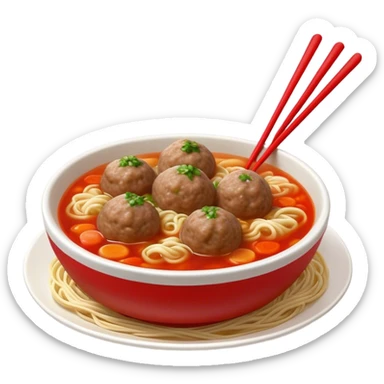 Cinematic Realistic Bakso Dish Emoji, showcasing savory meatball soup with noodles rendered with detailed textures and warm, inviting lighting. sticker