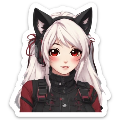 Gorgeous gothic dark techwear anime style anthro cat furry sona with blushing face aesthetic and pretty edgy black red punk messy ponytail hair with collar and harness trending style sticker