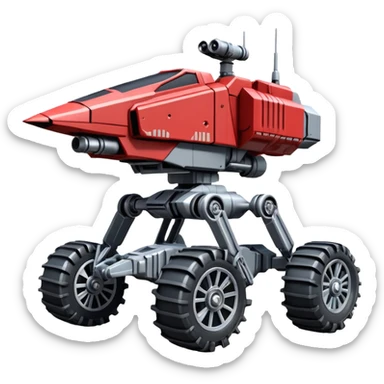 Star Wars jumping 8-wheel armored canine sporty self-balancing massive mech trail vehicle shooting motor-in-wheel side-hill leaning actively robotically articulating hydraulic independent suspended pod gimbal enemy mech off-road racing rover with large fast engine basher crawler megatron  sticker