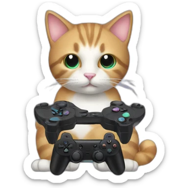 Cute cat holding a black ps controller and playing video games sticker