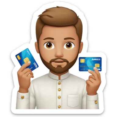 generate a pretty bratz boy wearing a white linen mandarin collar shirt with an amex card in hand. bearded sticker