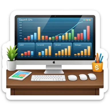 Create a modern desktop computer displaying financial charts and analytics dashboards on the screen. sticker