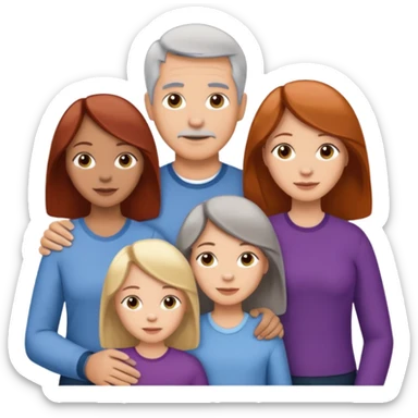 Family emoji showing a family of five. Father has grey hair, mother has mixed grey/brown hair, three daughters with blonde, brunette and redhead hair colors. sticker