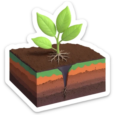 A fresh green leaf resting on the surface of a cross-section of the Earth, where soil and underground layers are visible beneath. Natural lighting, realistic textures. sticker