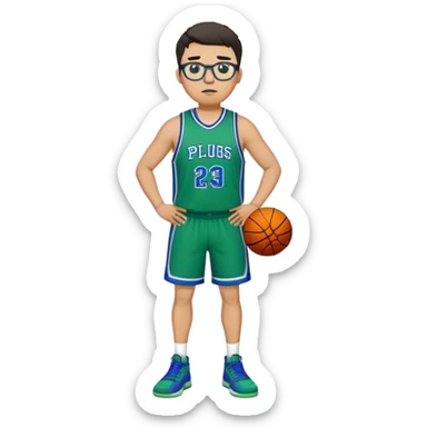 Full Body tall plus size white male with dark short hair basketball player wearing glasses wearing blue green uniform sticker