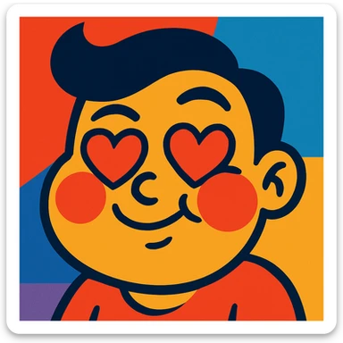 Add heart eyes to the vibrant toon style face with cheeks puffed out, playful smirk, blushing. sticker