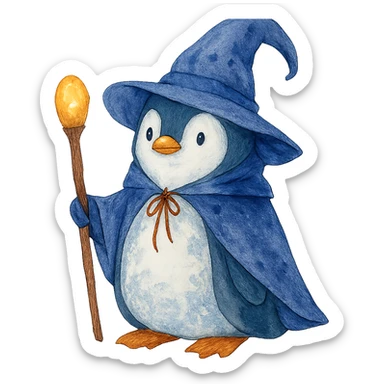 watercolor style penguin wizard sticker