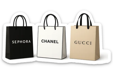 three shopping bags, each with a different luxury store logo: Sephora, Chanel, Gucci, elegant and upscale look sticker