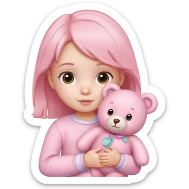 cute toddler girl with pastel pink clothes holding a pink teddy bear sticker