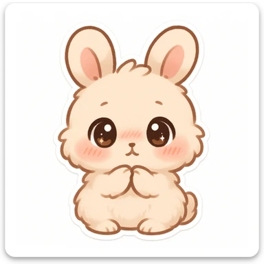 cute fluffy bunny, chibi-style, big round eyes, soft fur, pink cheeks, shy and bashful expression, shining sparkling eyes, slight blush, simple clean chibi stickers style, white background, designed for a small emote sticker