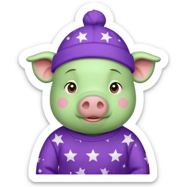 A green pig, in a purple sweatshirt, with a purple cap with a pattern of stars on his head sticker