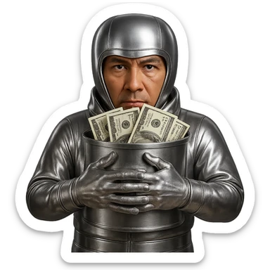Keep the character's skin color and natural face as it is, and keep the suit, helmet, and bucket chrome. Replace the cartoonish green dollar bills with realistic-looking US dollar bills, with authentic details and textures. The background should remain transparent. sticker