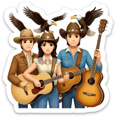Icon for Country Music: A collage featuring Eagles as a band, Ricky Nelson, and Linda Ronstadt. Acoustic guitars, banjo, cowboy hats and a vintage Americana aesthetic evoke the spirit of classic country and country rock. Warm earthy tones. Transparent background. sticker