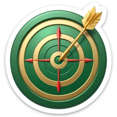 3D target icon with arrow hitting bullseye, modern glossy style, deep green (#0B3D2C) rings, gold (#C9B037) center and arrow, subtle glow, transparent background, premium render sticker