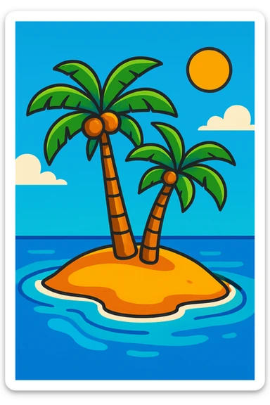 island with two palm trees, vibrant cartoon style sticker
