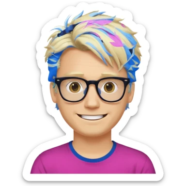 A blond guy with messy hair is smiling. He wear black and dark blue glasses and a fushia T-shirt.  sticker