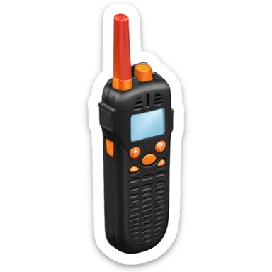 black walkie talkie with red-orange button on side sticker