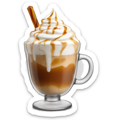 Ice cappuccino in clear cup with whip cream and caramel sticker