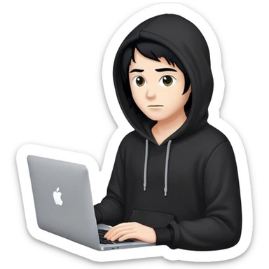 hackeur blanc cheveux noir et capuche noir avec un macbook sticker