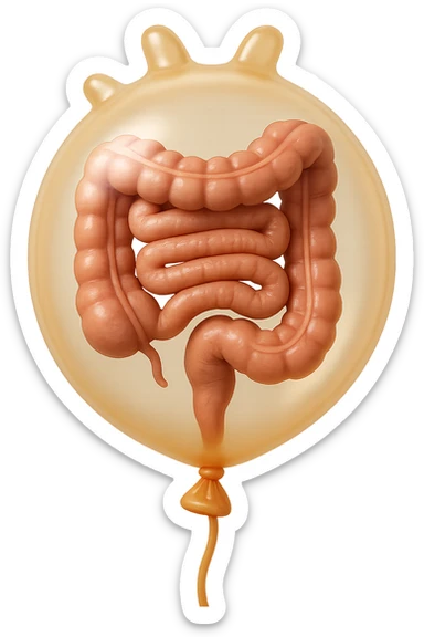 EMOJI STILE IPHONE 3D DI UN INTESTINO CHIUSO IN UN PALLONCINO CHE SIMBOLEGGIA GONFIORE, IPERREALISTICA 4K sticker