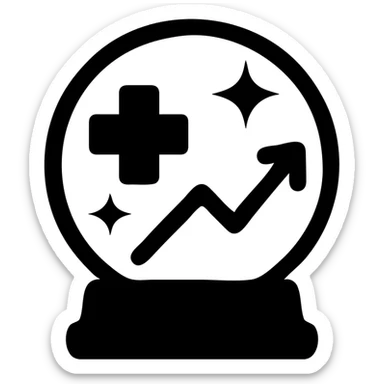 Add an upward slope or rising line graph inside the crystal ball to symbolize improvement and positive healthcare outcomes. Keep the flat icon style, maintaining medical cross and sparkles, using a soft color palette. sticker