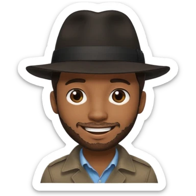 Black photographer wearing black fedora, short naturally messy dark brown hair, stubble, smiling sticker