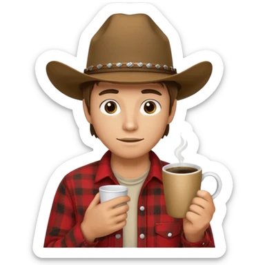 generate an ios genmoji of a 20 year old tan boy with a cowboy hat and side burns. Wearing a flannel and carrying a coffee mug sticker